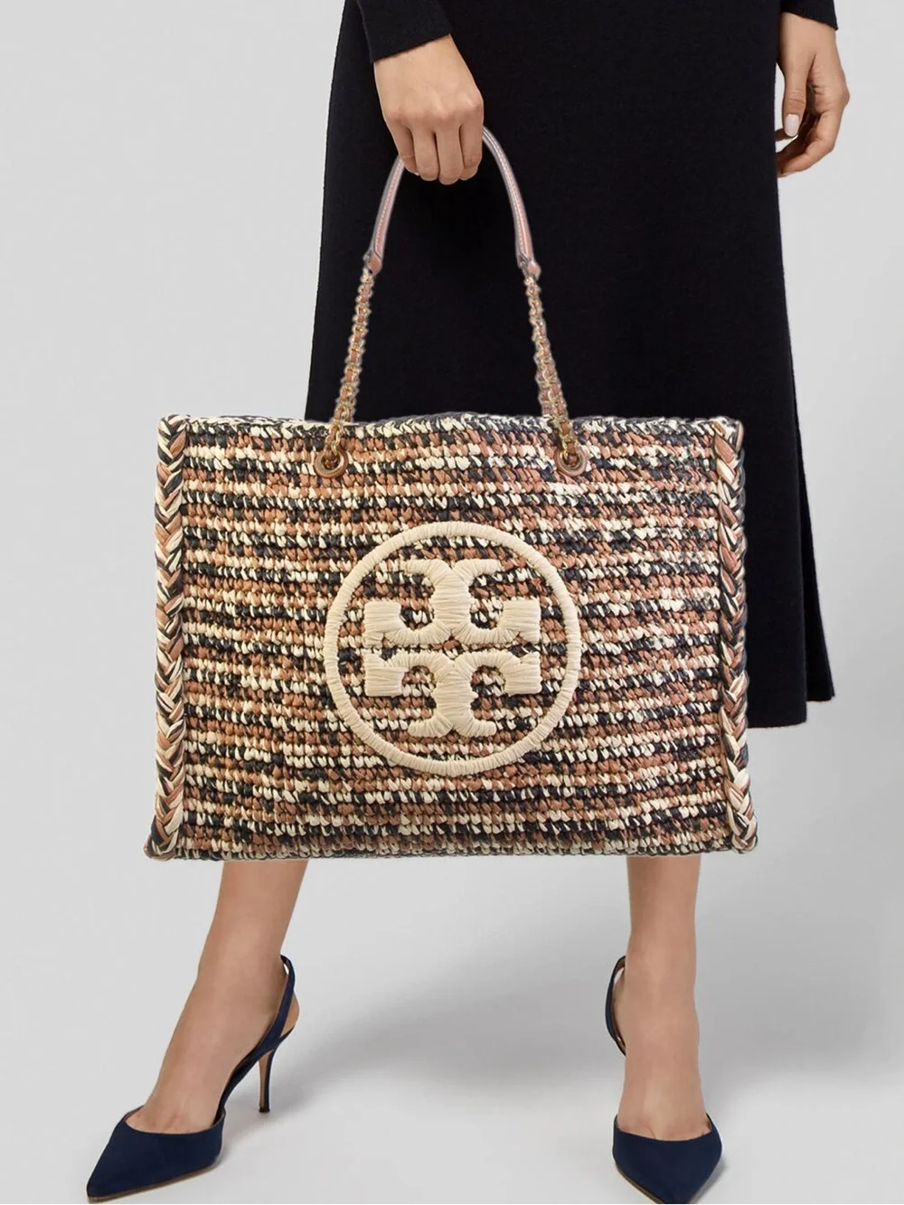 Tory Burch Ella Raffia Chain Large Tote Black Brown Cream